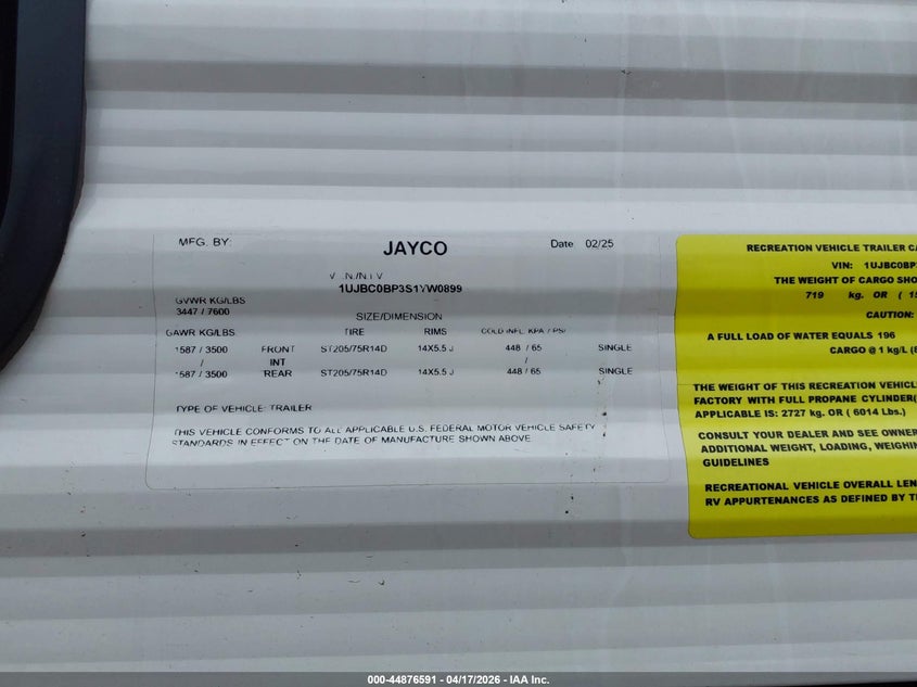 2025 Jayco Jayfl184bh VIN 1UJBC0BP3S1YW0899 IAAI salvage auction — UNKNOWN, Scrap (Michigan), sold $1,900 on 2026-09-16 (photo 9)