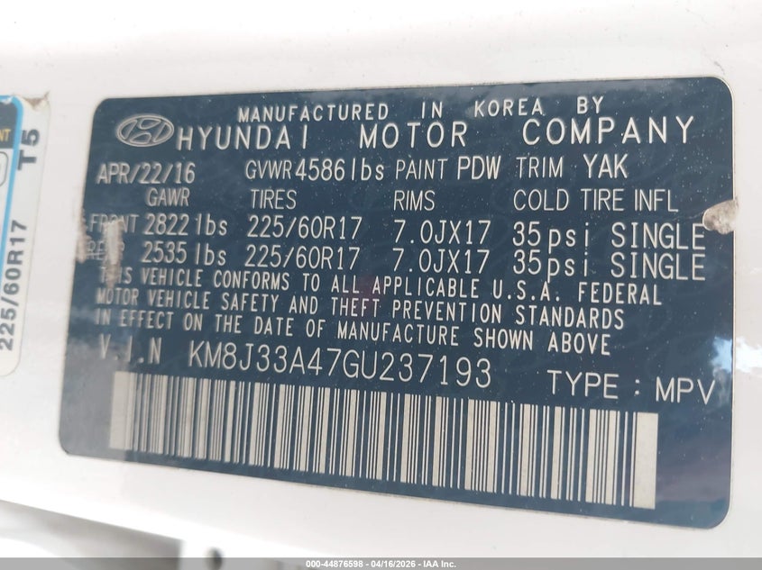 2016 Hyundai Tucson VIN KM8J33A47GU237193 IAAI salvage auction — LEFT FRONT, Wait Title, sold $1,150 on 2026-07-21 (photo 9)