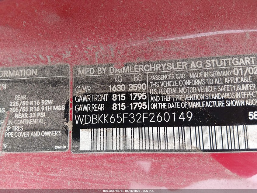 2002 Mercedes-benz Slk-klasse VIN WDBKK65F32F260149 IAAI salvage auction — FRONT END, Salvage (Ohio), sold $425 on 2026-07-28 (photo 9)