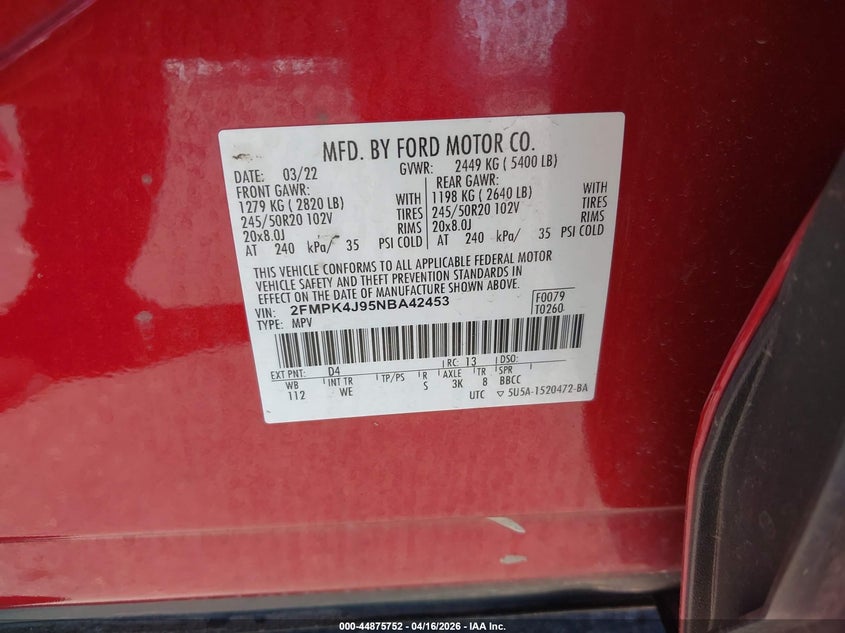 2022 Ford Edge VIN 2FMPK4J95NBA42453 IAAI salvage auction — REAR END, Salvage (Minnesota), sold $6,500 on 2026-07-09 (photo 9)