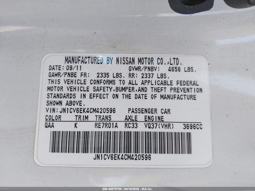 2012 Infiniti G VIN JN1CV6EK4CM420596 IAAI salvage auction — FRONT END, Salvage Title, sold $425 on 2026-07-15 (photo 9)