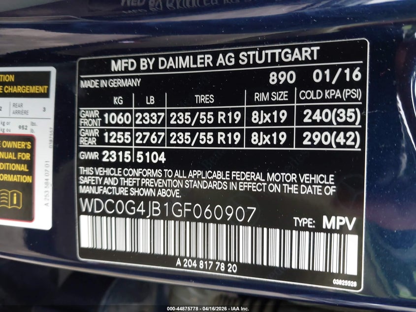 2016 Mercedes-benz Glc VIN WDC0G4JB1GF060907 IAAI salvage auction — FRONT END, Clear (Oklahoma), sold $7,150 on 2026-07-07 (photo 9)