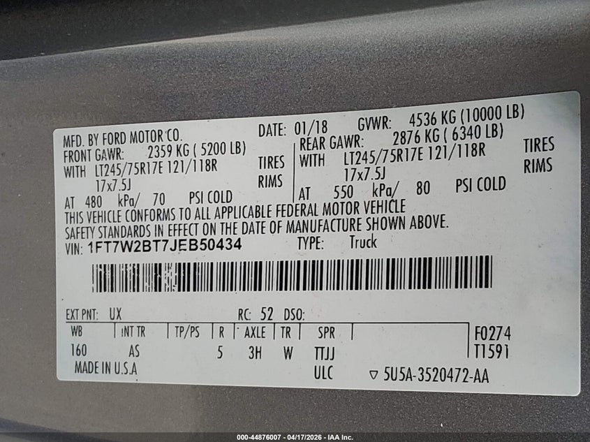 2018 Ford F250 VIN 1FT7W2BT7JEB50434 IAAI salvage auction — RIGHT SIDE, Clear (Oklahoma), sold $9,800 on 2026-08-01 (photo 9)