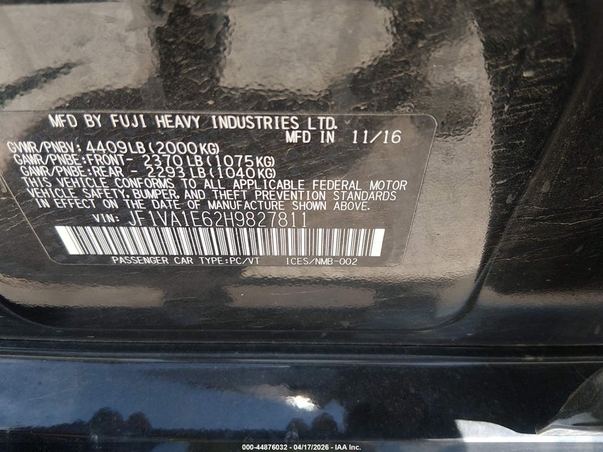 2017 Subaru Wrx VIN JF1VA1E62H9827811 IAAI salvage auction — NORMAL WEAR, Salvage Title, sold $1,800 on 2026-07-29 (photo 9)