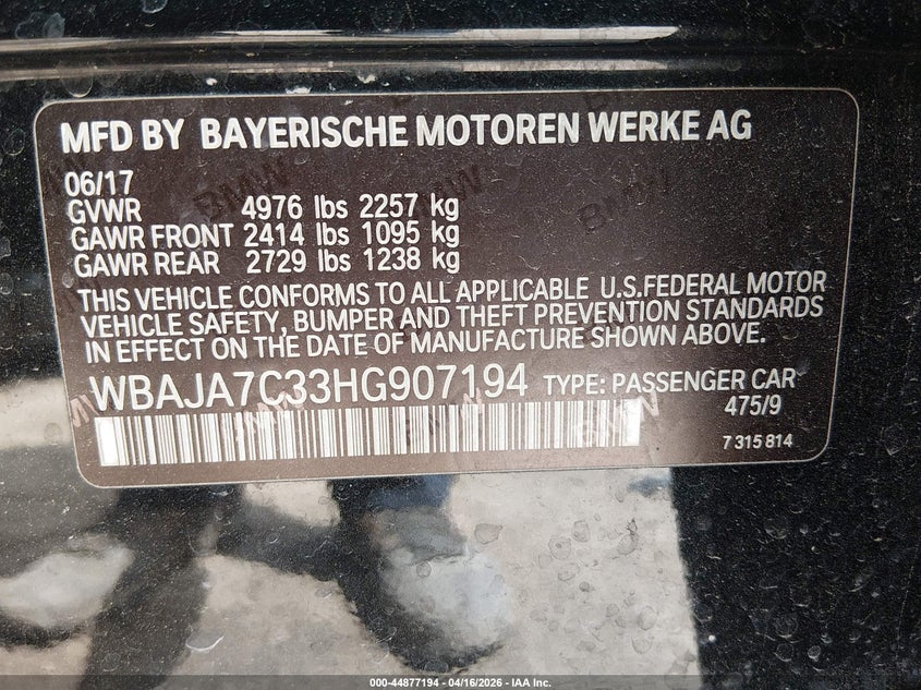 2017 BMW 5er VIN WBAJA7C33HG907194 IAAI salvage auction — FRONT END, Original (Texas), sold $6,200 on 2026-07-07 (photo 9)
