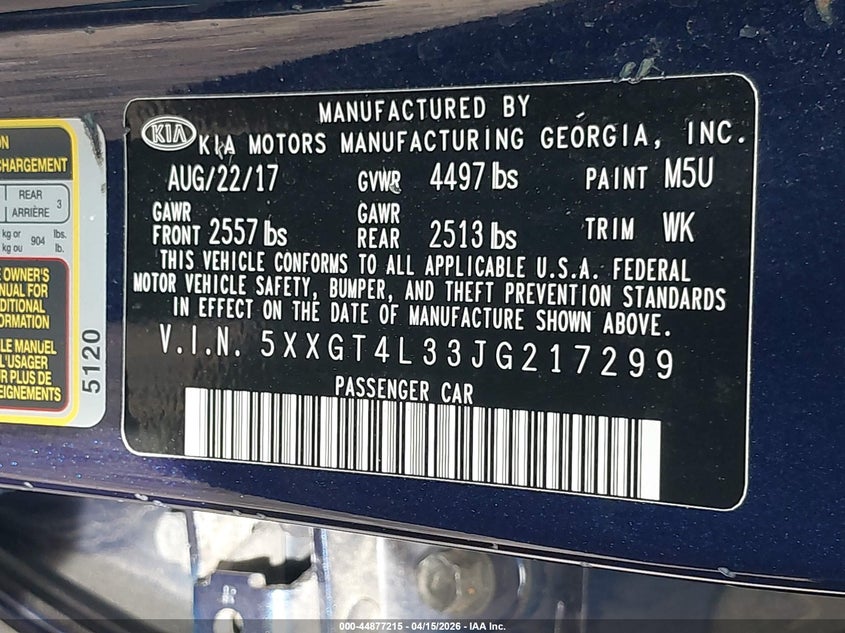 2018 Kia Optima VIN 5XXGT4L33JG217299 IAAI salvage auction — FRONT & REAR, Wait Title, sold $1,450 on 2026-07-27 (photo 9)