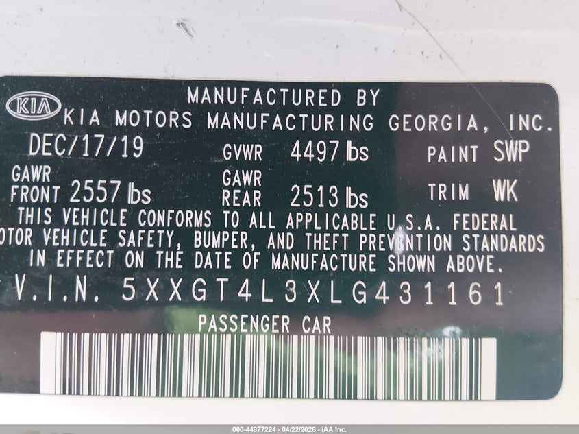 2020 Kia Optima VIN 5XXGT4L3XLG431161 IAAI salvage auction — FRONT END, Salvage Title, sold $2,225 on 2026-07-15 (photo 9)