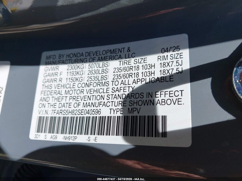 2025 Honda Cr-v VIN 7FARS5H82SE040596 IAAI salvage auction — FRONT END, Wait Title, sold $15,150 on 2026-07-15 (photo 9)