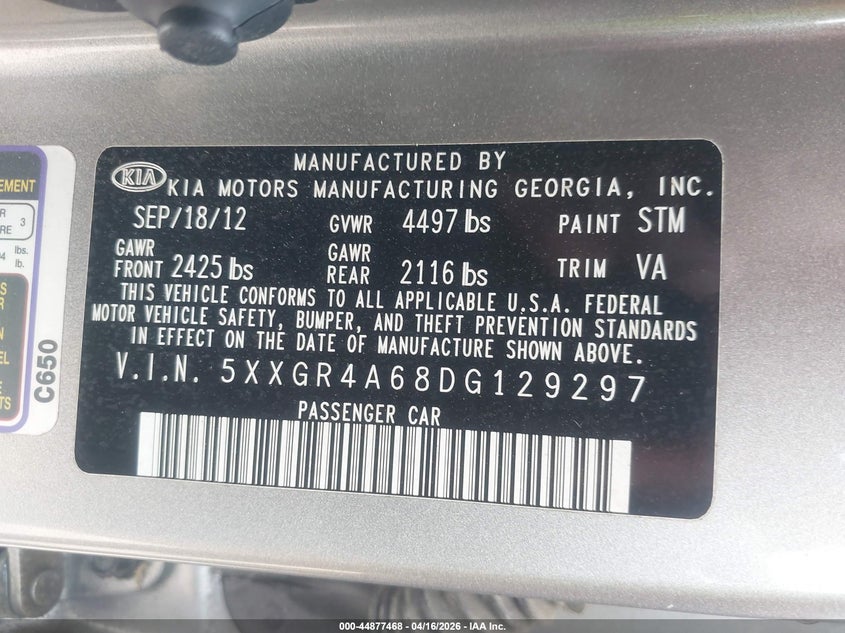 2013 Kia Optima VIN 5XXGR4A68DG129297 IAAI salvage auction — FRONT END, Salvage Title, sold $750 on 2026-07-15 (photo 9)