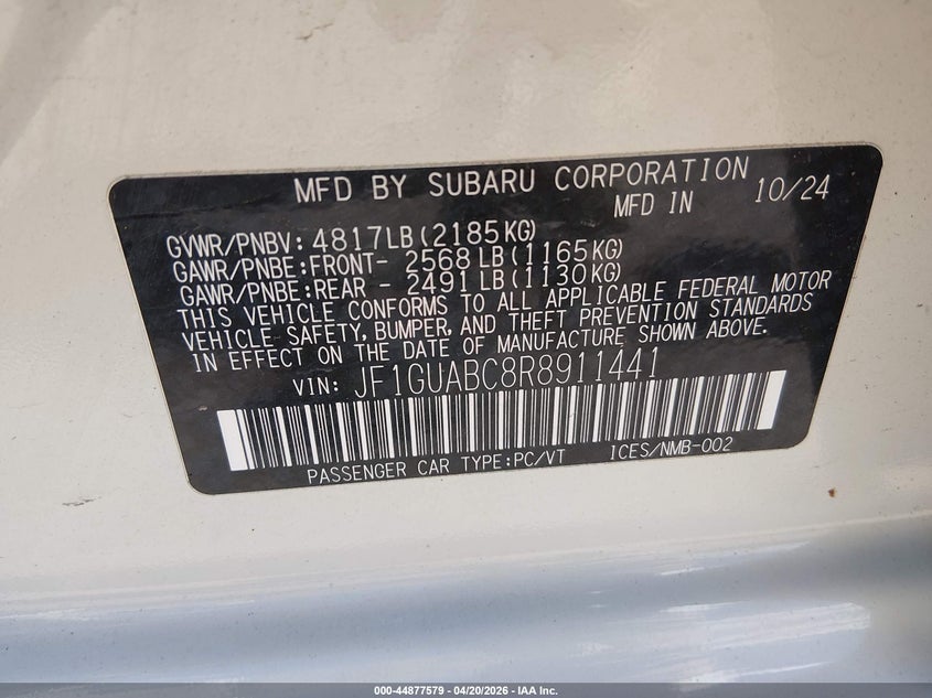 2024 Subaru Impreza VIN JF1GUABC8R8911441 IAAI salvage auction — FRONT END, Salvage (West Virginia), sold $4,700 on 2026-07-16 (photo 9)