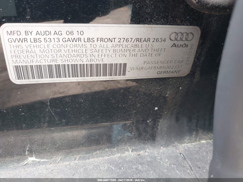 2011 Audi A6 VIN WAUFGAFBXBN002331 IAAI salvage auction — REPOSSESSION, Clear (Virginia), sold $375 on 2026-07-07 (photo 9)