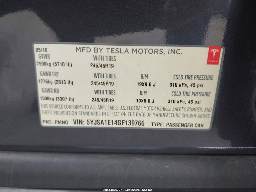 2016 Tesla Model s VIN 5YJSA1E14GF139766 IAAI salvage auction — UNDERCARRIAGE, Salvage Title, sold $4,200 on 2026-07-23 (photo 9)