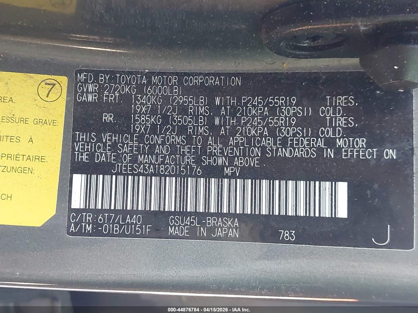 2008 Toyota Highlander VIN JTEES43A182015176 IAAI salvage auction — LEFT FRONT, Salvage (Georgia), sold $1,250 on 2026-07-15 (photo 9)