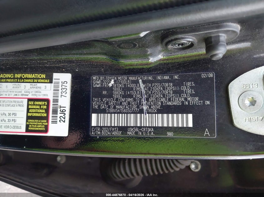 2008 Toyota Tundra VIN 5TBBV54158S507777 IAAI salvage auction — LEFT & RIGHT, Clear (Indiana), sold $1,850 on 2026-07-28 (photo 9)