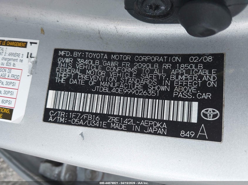 2009 Toyota Corolla VIN JTDBL40E999026351 IAAI salvage auction — LEFT & RIGHT, Bill Of Sale (New York), sold $525 on 2026-07-07 (photo 9)