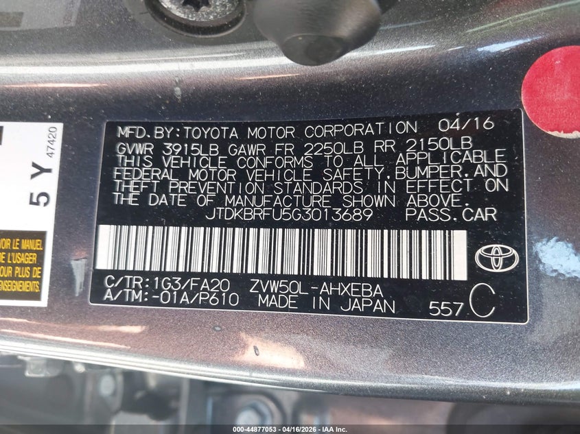 2016 Toyota Prius VIN JTDKBRFU5G3013689 IAAI salvage auction — LEFT REAR, Wait Title, sold $2,300 on 2026-07-06 (photo 9)