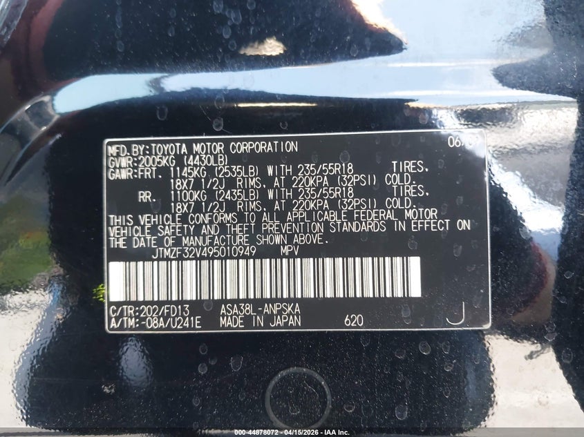 2009 Toyota Rav4 VIN JTMZF32V495010949 IAAI salvage auction — RIGHT SIDE, Salvage (California), sold $1,350 on 2026-07-30 (photo 9)