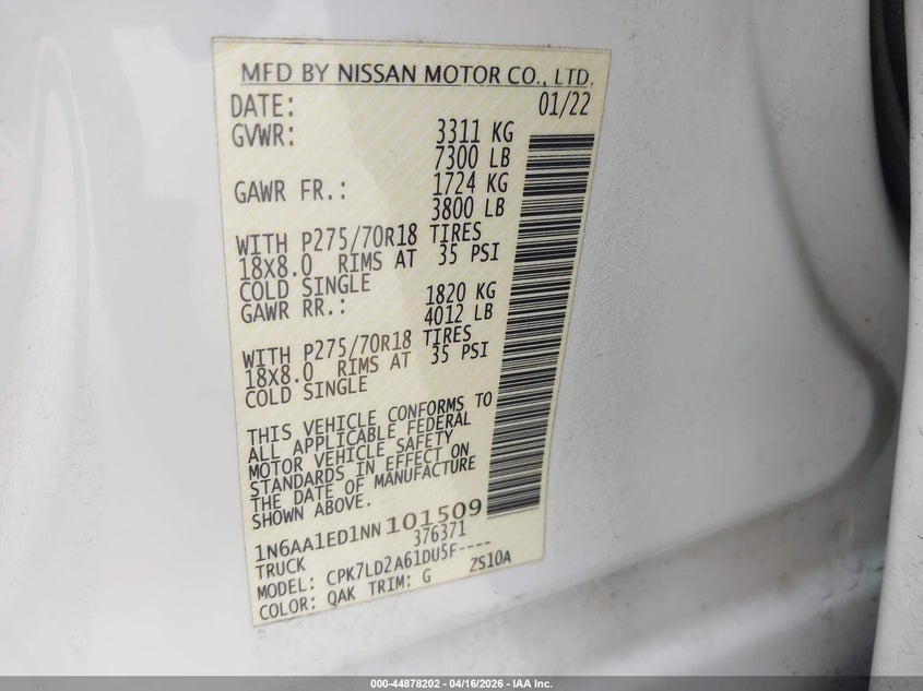 2022 Nissan TITAN VIN 1N6AA1ED1NN101509 IAAI salvage auction — SIDE, Salvage Title, sold $9,100 on 2026-07-20 (photo 9)