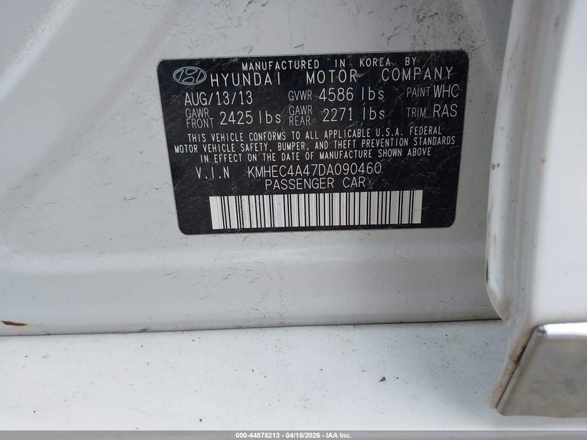 2013 Hyundai Sonata hybrid VIN KMHEC4A47DA090460 IAAI salvage auction — FRONT END, Wait Title, sold $275 on 2026-07-21 (photo 9)