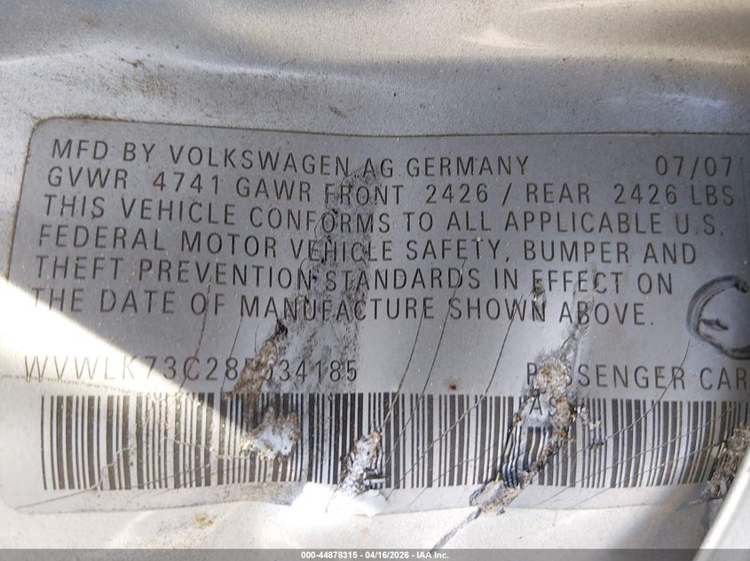 2008 Volkswagen Passat VIN WVWLK73C28E034185 IAAI salvage auction — ALL OVER, Salvage (Alabama), sold $100 on 2026-07-07 (photo 9)