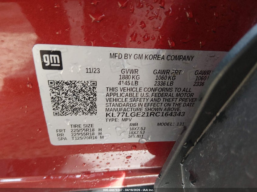 2024 Chevrolet Trax VIN KL77LGE21RC164343 IAAI salvage auction — RIGHT SIDE, Salvage - Greater Than 75% (Maryland), sold $3,100 on 2026-07-15 (photo 9)