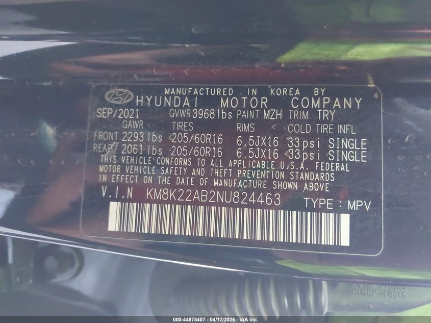 2022 Hyundai Kona VIN KM8K22AB2NU824463 IAAI salvage auction — LEFT SIDE, Salvage Title, sold $2,750 on 2026-07-28 (photo 9)
