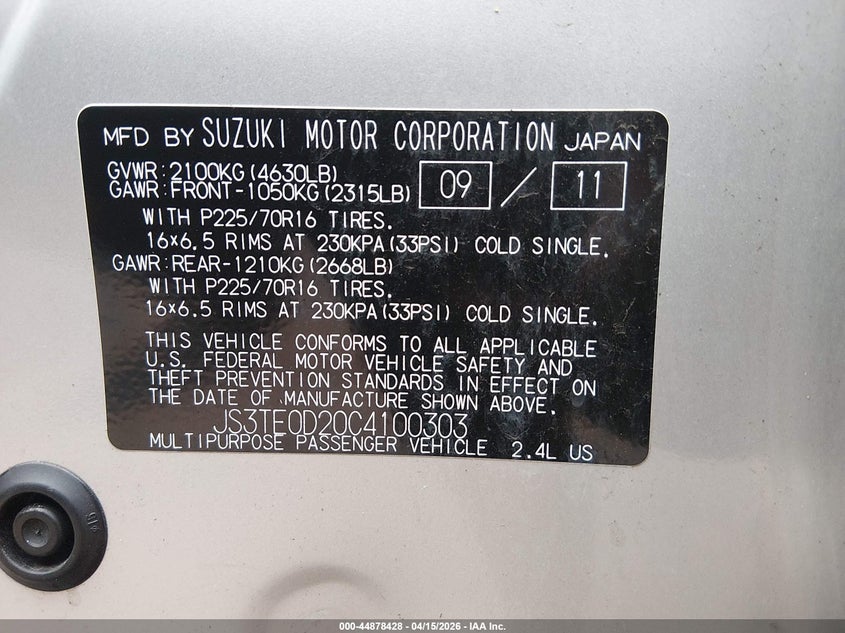 2012 Suzuki Grand vitara VIN JS3TE0D20C4100303 IAAI salvage auction — RIGHT SIDE, Clear (Hawaii), sold $1,950 on 2026-07-07 (photo 9)