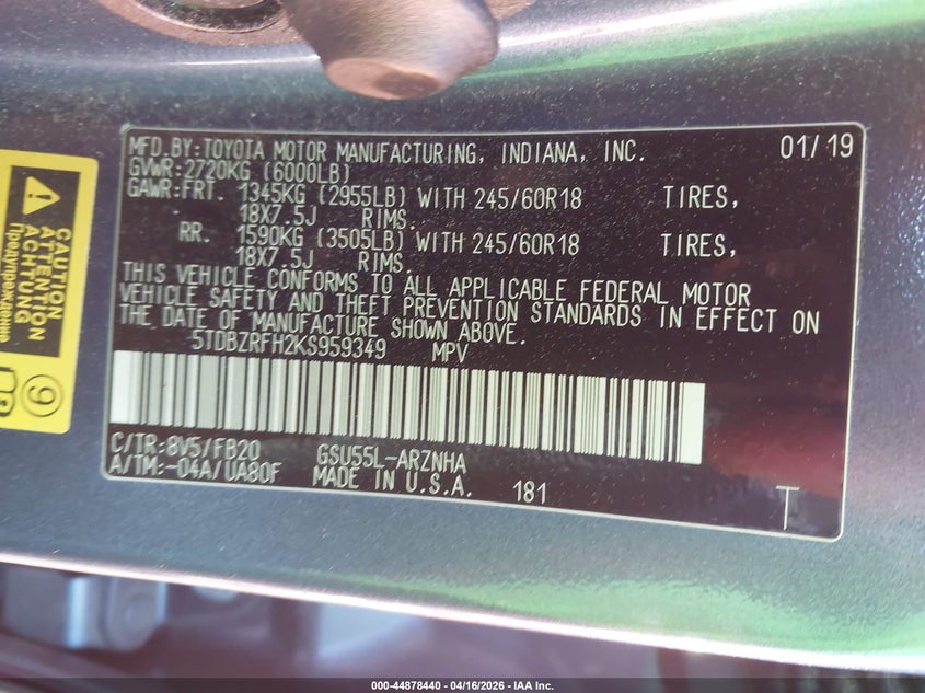 2019 Toyota Highlander VIN 5TDBZRFH2KS959349 IAAI salvage auction — FRONT END, Wait Title, sold $6,150 on 2026-07-21 (photo 9)