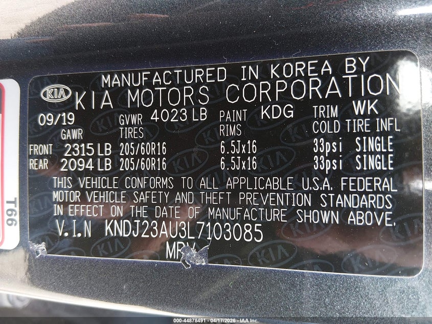 2020 Kia Soul VIN KNDJ23AU3L7103085 IAAI salvage auction — HAIL, Salvage Title, sold $3,600 on 2026-07-09 (photo 9)