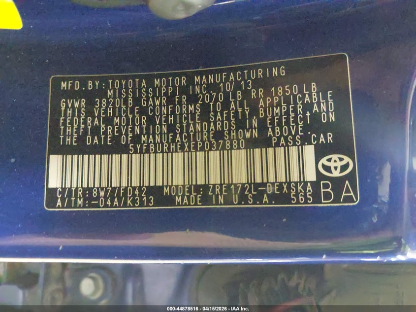 2014 Toyota Corolla VIN 5YFBURHEXEP037880 IAAI salvage auction — REAR END, Wait Title, sold $2,700 on 2026-07-07 (photo 9)