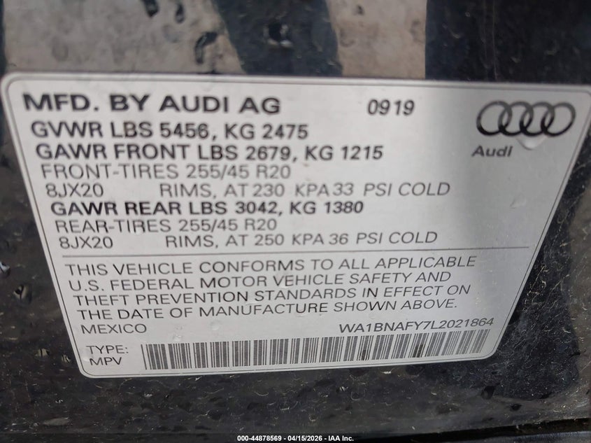 2020 Audi Q5 VIN WA1BNAFY7L2021864 IAAI salvage auction — FRONT END, Wait Title, sold $125 on 2026-07-29 (photo 9)