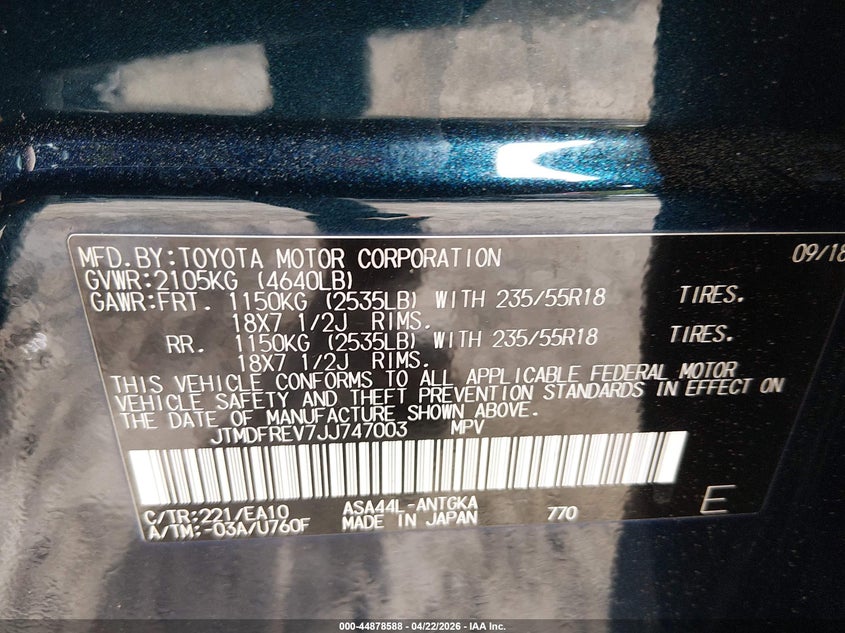 2018 Toyota Rav 4 VIN JTMDFREV7JJ747003 IAAI salvage auction — FRONT END, Salvage Title, sold $8,500 on 2026-07-29 (photo 9)