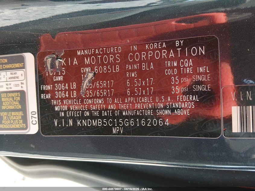 2016 Kia SEDONA VIN KNDMB5C15G6162064 IAAI salvage auction — FRONT END, Salvage (Alabama), sold $1,600 on 2026-07-06 (photo 9)