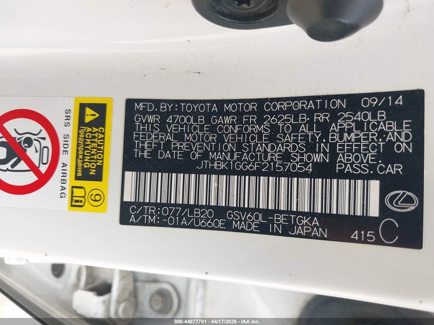 2015 Lexus ES VIN JTHBK1GG6F2157054 IAAI salvage auction — FRONT END, Salvage (Texas), sold $3,200 on 2026-07-06 (photo 9)