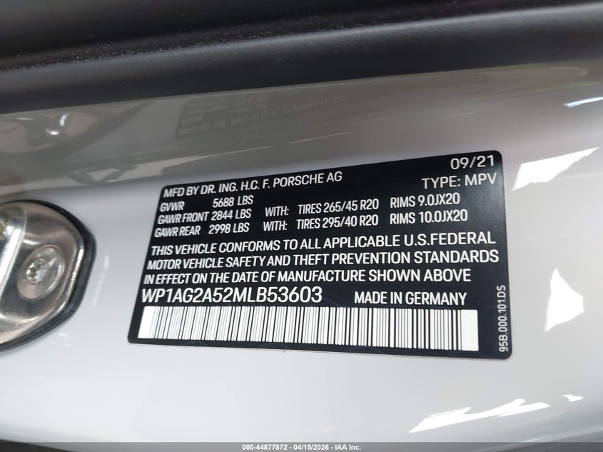 2021 Porsche Macan VIN WP1AG2A52MLB53603 IAAI salvage auction — LEFT SIDE, Salvage (California), sold $32,300 on 2026-08-07 (photo 9)