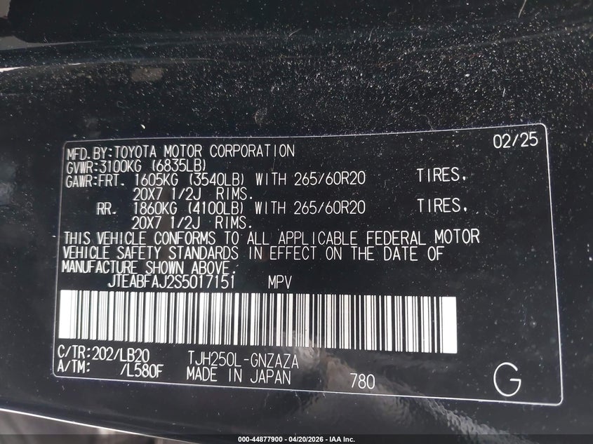 2025 Toyota Land cruiser VIN JTEABFAJ2S5017151 IAAI salvage auction — FRONT END, Salvage (New Hampshire), sold $42,650 on 2026-07-13 (photo 9)