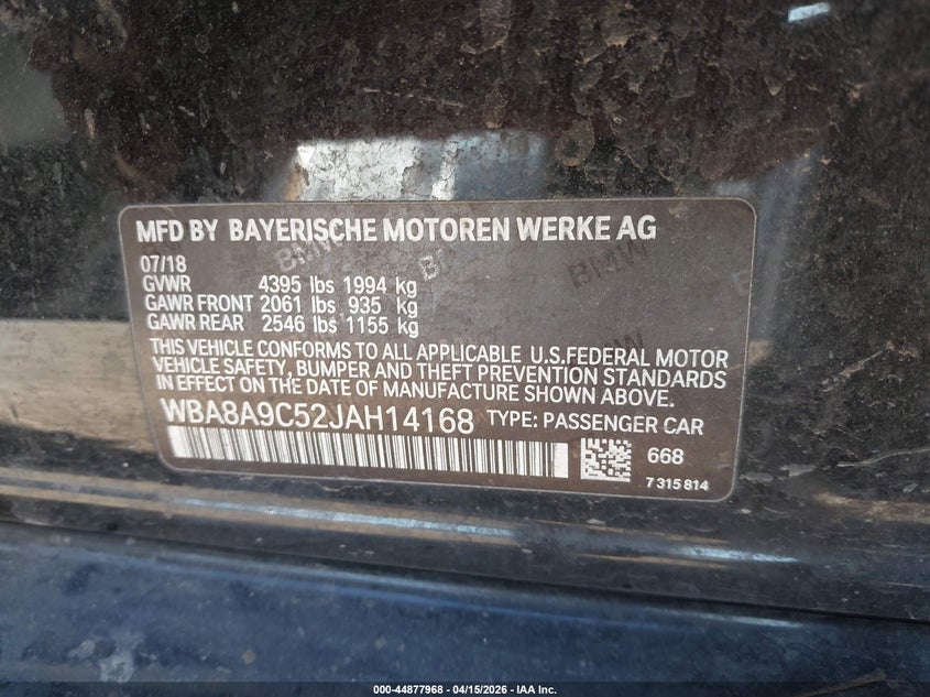 2018 BMW 3er VIN WBA8A9C52JAH14168 IAAI salvage auction — LEFT FRONT, Salvage (Arizona), sold $25 on 2026-07-21 (photo 9)