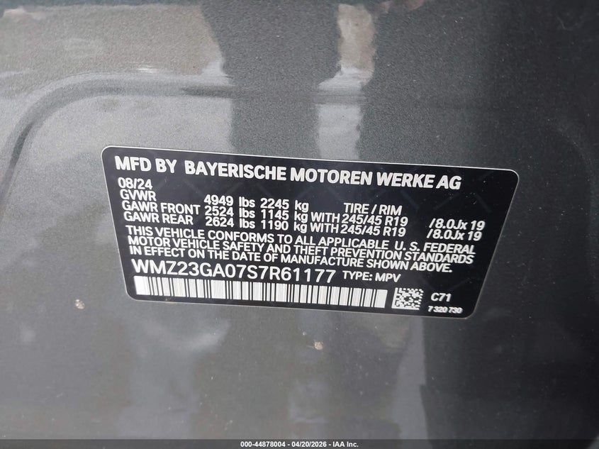 2025 Mini Countryman VIN WMZ23GA07S7R61177 IAAI salvage auction — LEFT REAR, Salvage (Massachusetts), sold $16,200 on 2026-07-22 (photo 9)