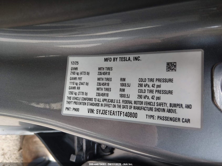 2026 Tesla Model 3 VIN 5YJ3E1EA1TF140800 IAAI salvage auction — LEFT FRONT, Salvage Title, sold $14,975 on 2026-09-03 (photo 9)