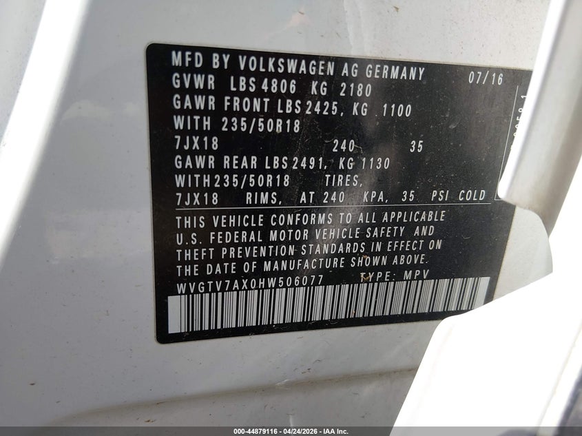 2017 Volkswagen Tiguan VIN WVGTV7AX0HW506077 IAAI salvage auction — FRONT END, Clear (Oklahoma), sold $2,750 on 2026-07-22 (photo 9)