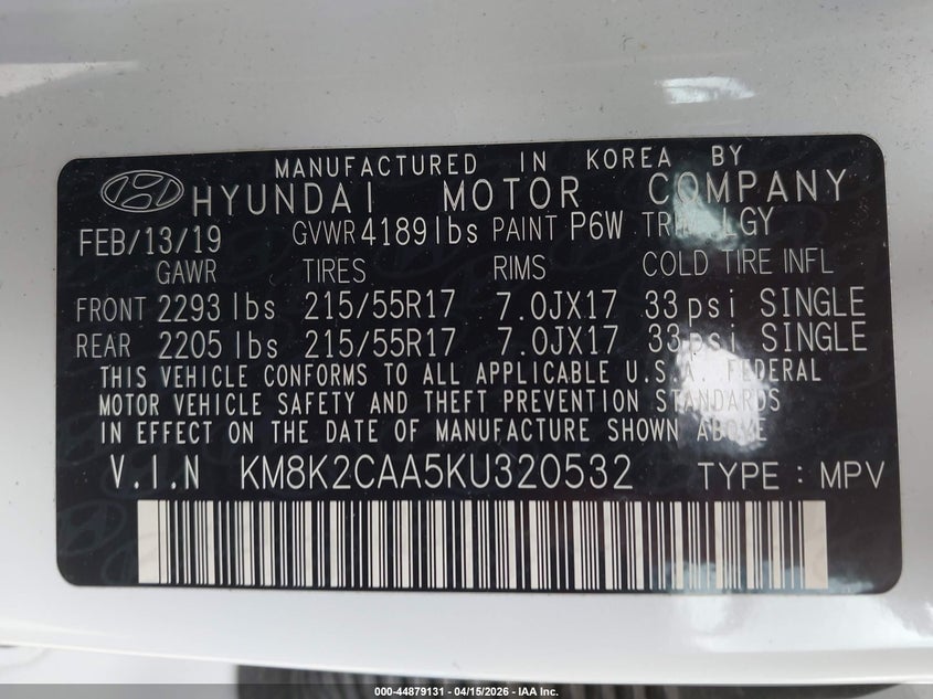 2019 Hyundai Kona VIN KM8K2CAA5KU320532 IAAI salvage auction — FRONT & REAR, Wait Title, sold $25 on 2026-07-21 (photo 9)