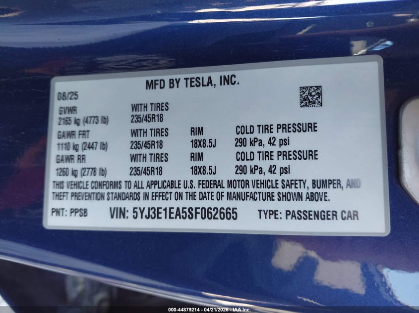2025 Tesla Model 3 VIN 5YJ3E1EA5SF062665 IAAI salvage auction — LEFT SIDE, Salvage (Oklahoma), sold $12,200 on 2026-07-09 (photo 9)