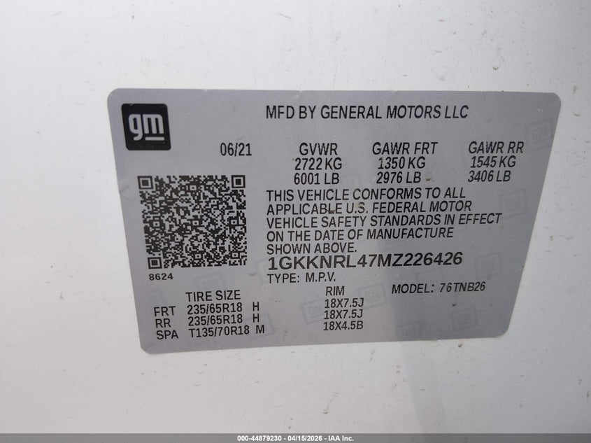 2021 Gmc Acadia VIN 1GKKNRL47MZ226426 IAAI salvage auction — REAR END, Salvage (Illinois), sold $7,600 on 2026-08-18 (photo 9)