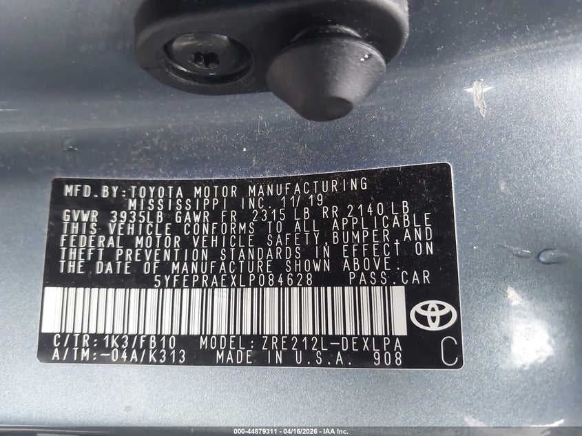 2020 Toyota Corolla VIN 5YFEPRAEXLP084628 IAAI salvage auction — REAR END, Salvage Title, sold $3,650 on 2026-07-16 (photo 9)