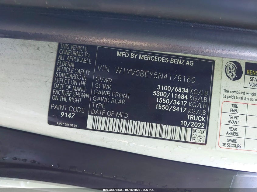 2022 Mercedes-benz Metris VIN W1YV0BEY5N4178160 IAAI salvage auction — THEFT, Wait Title, sold $12,600 on 2026-07-29 (photo 9)