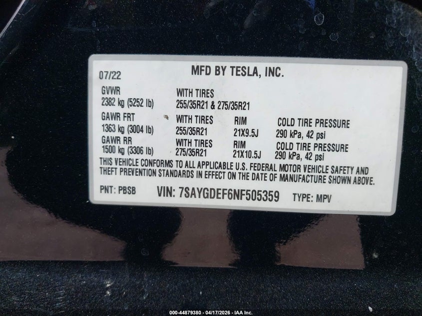 2022 Tesla Model y VIN 7SAYGDEF6NF505359 IAAI salvage auction — FRONT END, Salvage (Arizona), sold $6,600 on 2026-07-29 (photo 9)