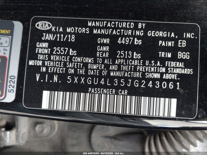 2018 Kia Optima VIN 5XXGU4L35JG243061 IAAI salvage auction — LEFT FRONT, Salvage Title, sold $1,825 on 2026-07-15 (photo 9)