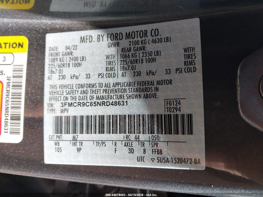 2022 Ford Bronco sport VIN 3FMCR9C65NRD48631 IAAI salvage auction — FRONT END, Wait Title, sold $3,250 on 2026-07-19 (photo 9)