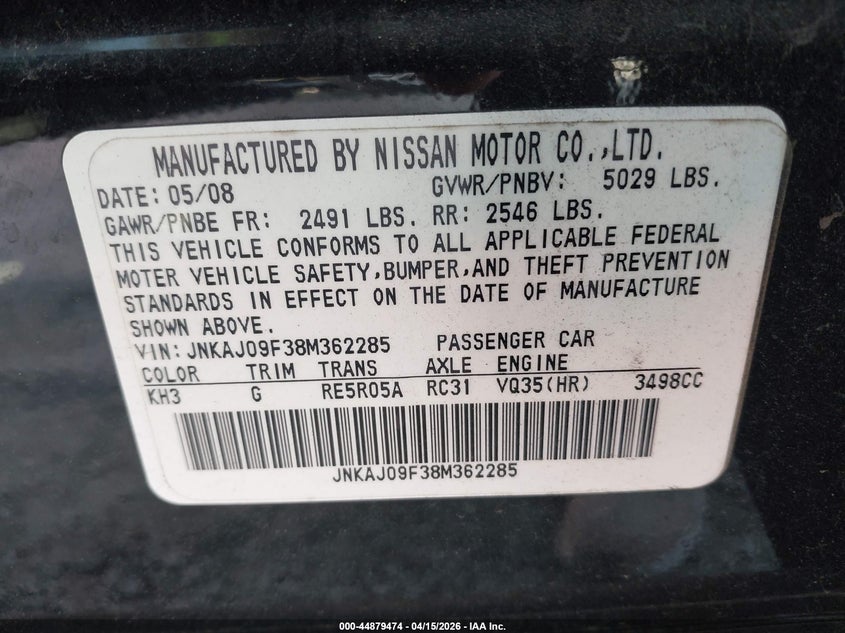 2008 Infiniti Ex35 VIN JNKAJ09F38M362285 IAAI salvage auction — ELECTRICAL, Salvage (Texas), sold $475 on 2026-07-13 (photo 9)