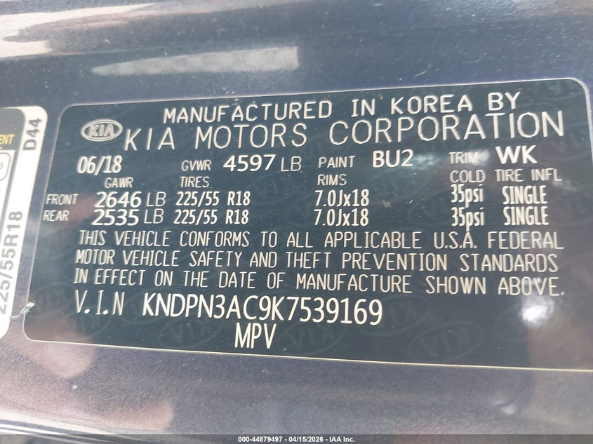 2019 Kia Sportage VIN KNDPN3AC9K7539169 IAAI salvage auction — FRONT END, Original (Texas), sold $2,550 on 2026-07-09 (photo 9)